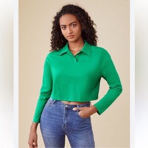 Y2K Zara cropped boxy button up green long sleeve top Medium